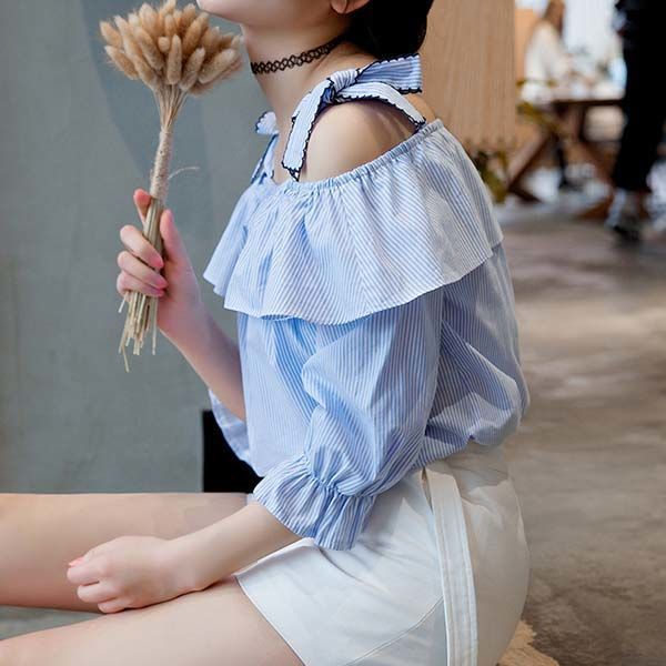 Sling Trumpet Sleeve Striped Shirt Womens Summer Loose Ruffled Collar Off-Shoulder Top