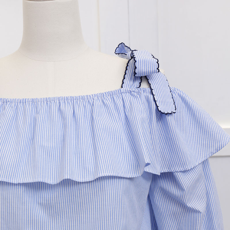 Sling Trumpet Sleeve Striped Shirt Womens Summer Loose Ruffled Collar Off-Shoulder Top