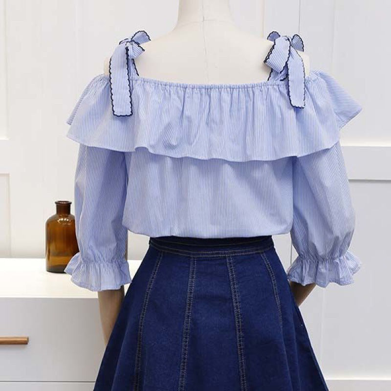 Sling Trumpet Sleeve Striped Shirt Womens Summer Loose Ruffled Collar Off-Shoulder Top