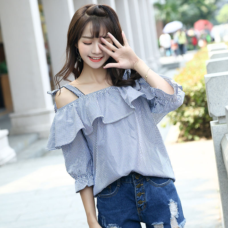 Sling Trumpet Sleeve Striped Shirt Womens Summer Loose Ruffled Collar Off-Shoulder Top