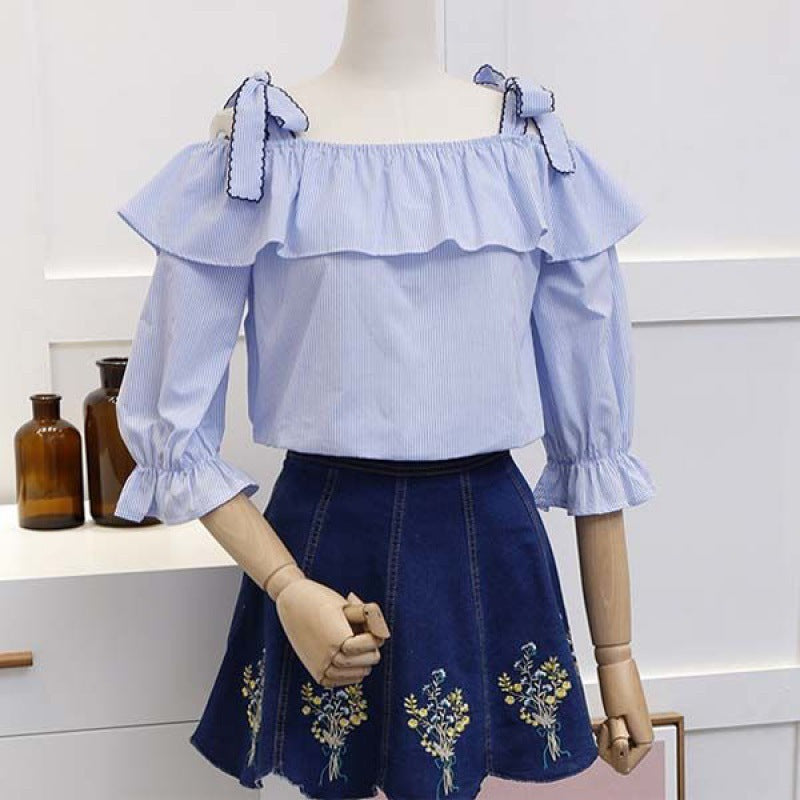 Sling Trumpet Sleeve Striped Shirt Womens Summer Loose Ruffled Collar Off-Shoulder Top