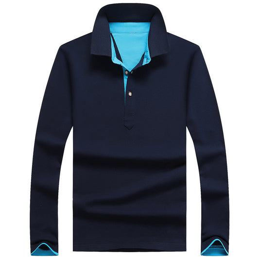 Men's Casual Long-Sleeved Cotton Polo Shirt Youth Lapel Solid Color Long-Sleeved T-Shirt Men
