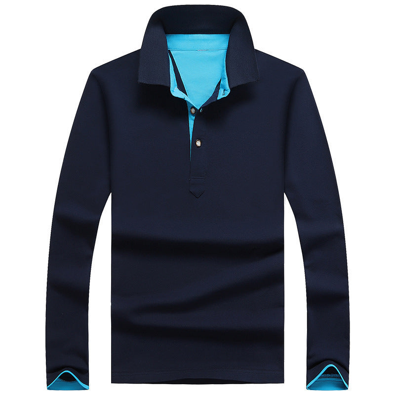 Men's Casual Long-Sleeved Cotton Polo Shirt Youth Lapel Solid Color Long-Sleeved T-Shirt Men
