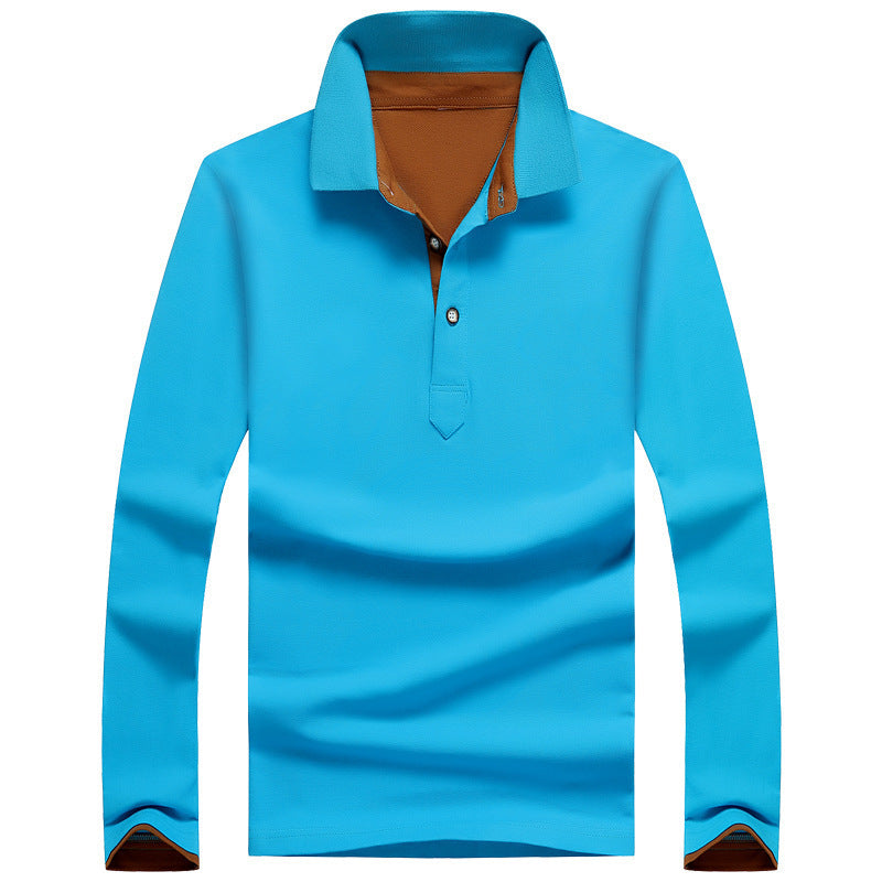 Men's Casual Long-Sleeved Cotton Polo Shirt Youth Lapel Solid Color Long-Sleeved T-Shirt Men