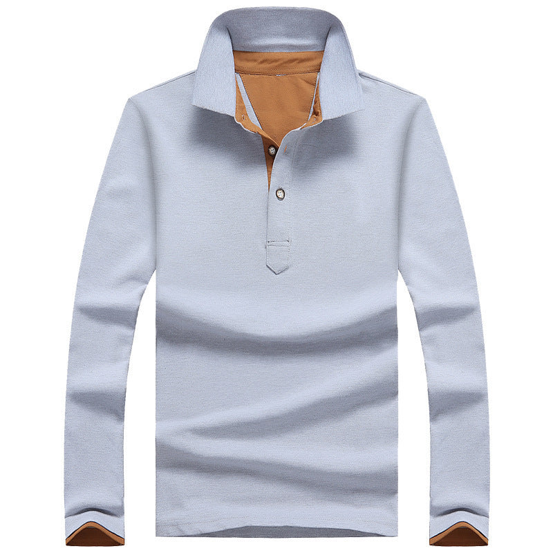 Men's Casual Long-Sleeved Cotton Polo Shirt Youth Lapel Solid Color Long-Sleeved T-Shirt Men