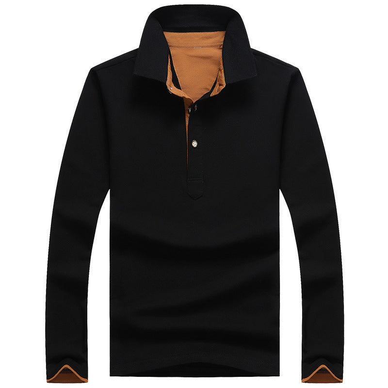 Men's Casual Long-Sleeved Cotton Polo Shirt Youth Lapel Solid Color Long-Sleeved T-Shirt Men