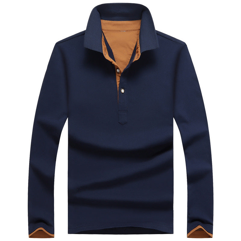 Men's Casual Long-Sleeved Cotton Polo Shirt Youth Lapel Solid Color Long-Sleeved T-Shirt Men