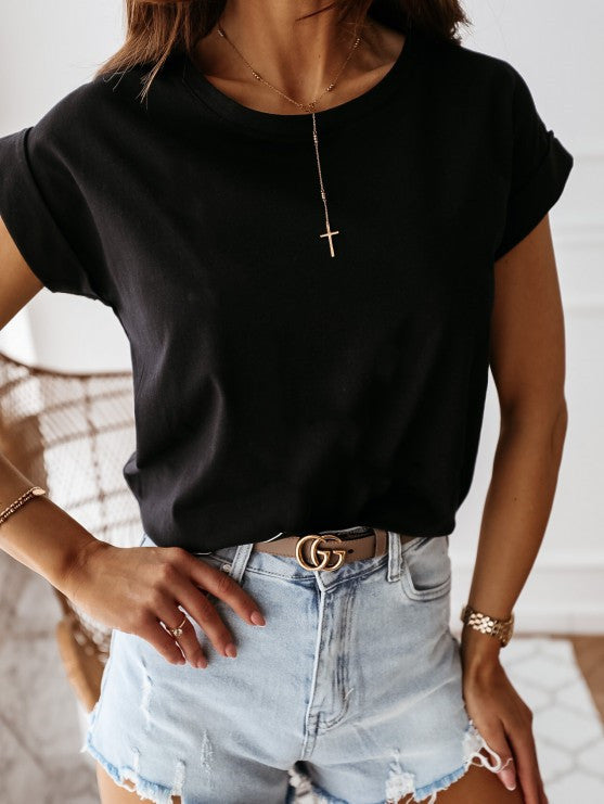 Ladies Slim Fit Solid Color Short Sleeve Round Neck T-Shirt Polyester