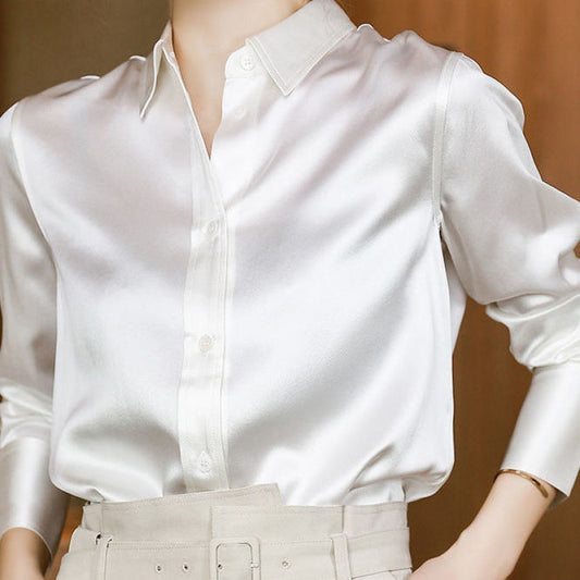 Plain Crepe Satin Imitation Mulberry Silk Pearlescent White Shirt Women's Bottoming And Impervious Top