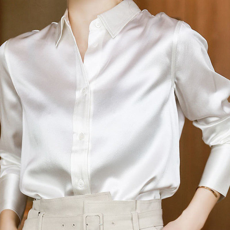 Plain Crepe Satin Imitation Mulberry Silk Pearlescent White Shirt Women's Bottoming And Impervious Top