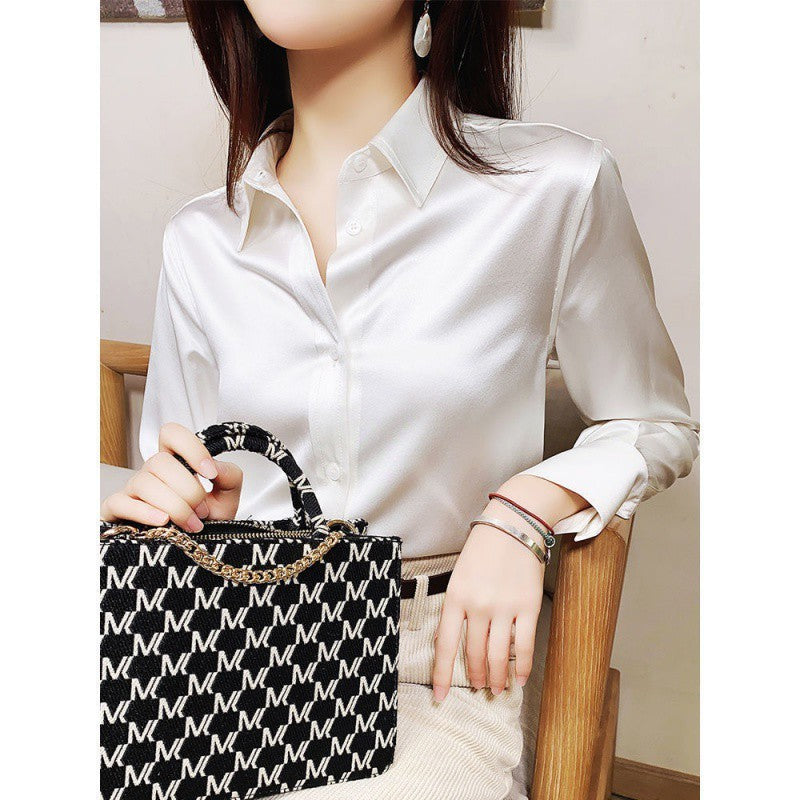 Plain Crepe Satin Imitation Mulberry Silk Pearlescent White Shirt Women's Bottoming And Impervious Top