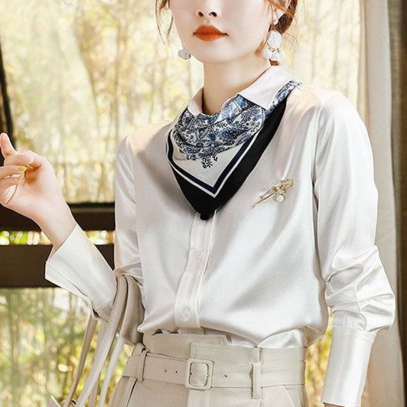 Plain Crepe Satin Imitation Mulberry Silk Pearlescent White Shirt Women's Bottoming And Impervious Top