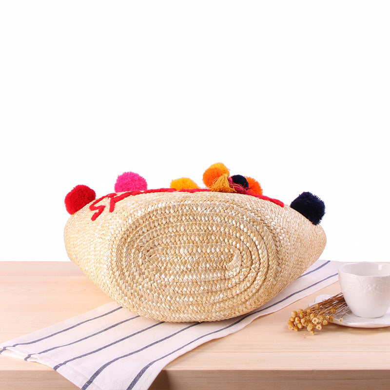 Sac en paille à une épaule, brodé à la main, avec boules de fil colorées – Mini sac de plage en forme de dumpling