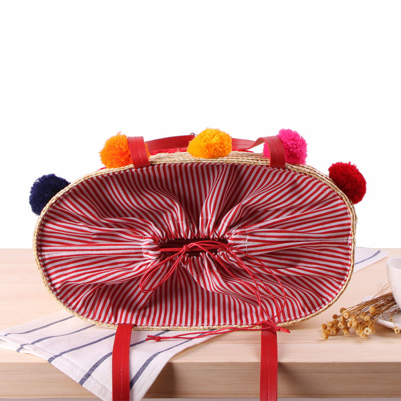 Sac en paille à une épaule, brodé à la main, avec boules de fil colorées – Mini sac de plage en forme de dumpling