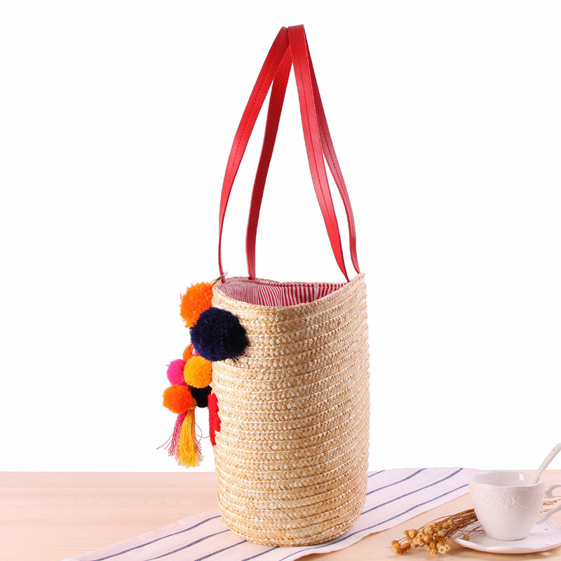 Sac en paille à une épaule, brodé à la main, avec boules de fil colorées – Mini sac de plage en forme de dumpling