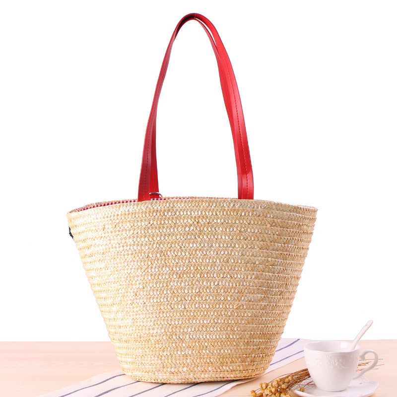 Sac en paille à une épaule, brodé à la main, avec boules de fil colorées – Mini sac de plage en forme de dumpling