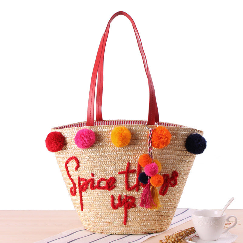 Sac en paille à une épaule, brodé à la main, avec boules de fil colorées – Mini sac de plage en forme de dumpling