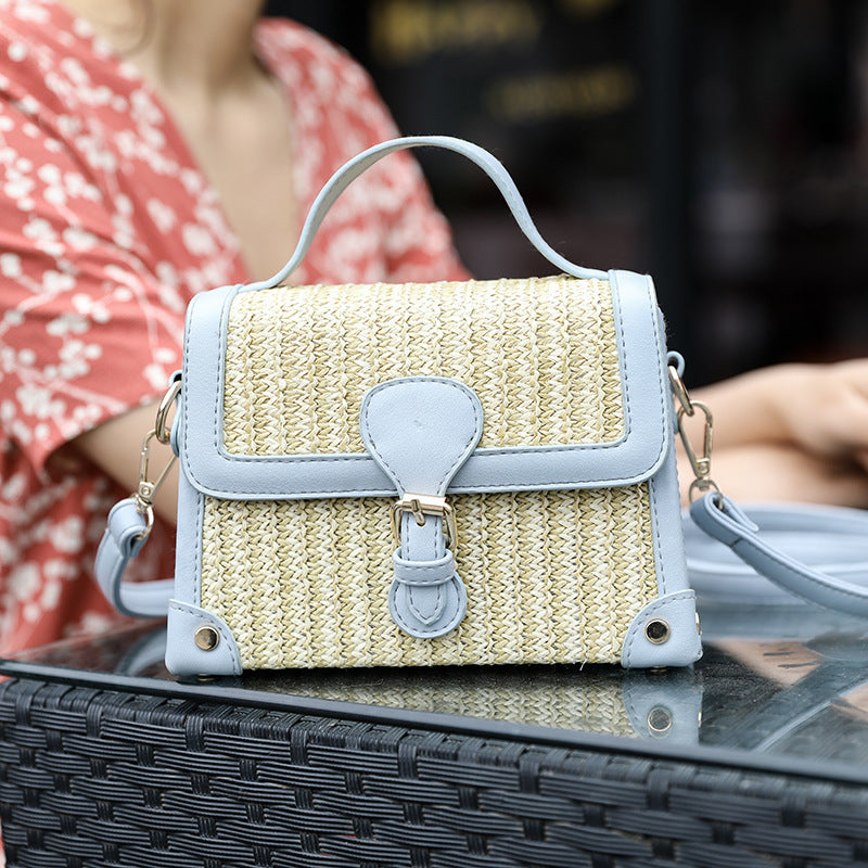Sac bandoulière en paille pour femme, petit format carré, avec boucle de verrouillage et anse souple