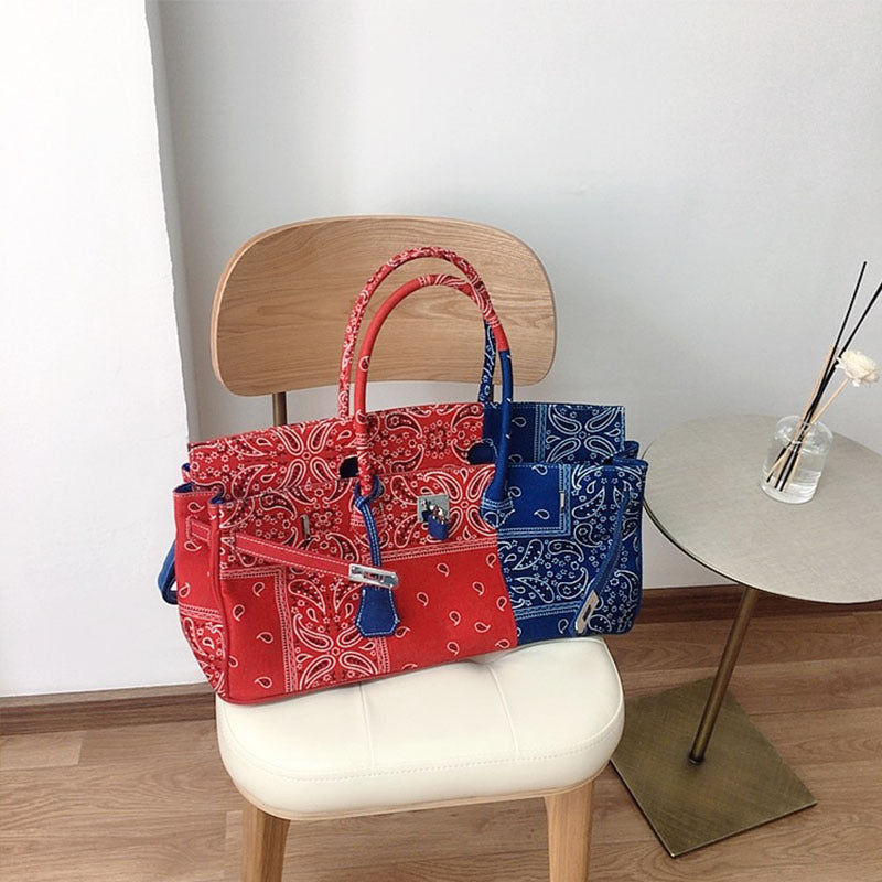 Canvas Cashew Flower PU Handbag Large Messenger Bag with Lock