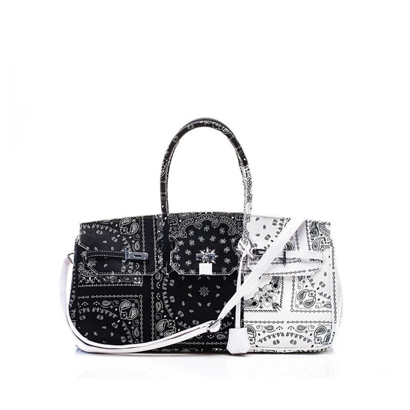 Canvas Cashew Flower PU Handbag Large Messenger Bag with Lock