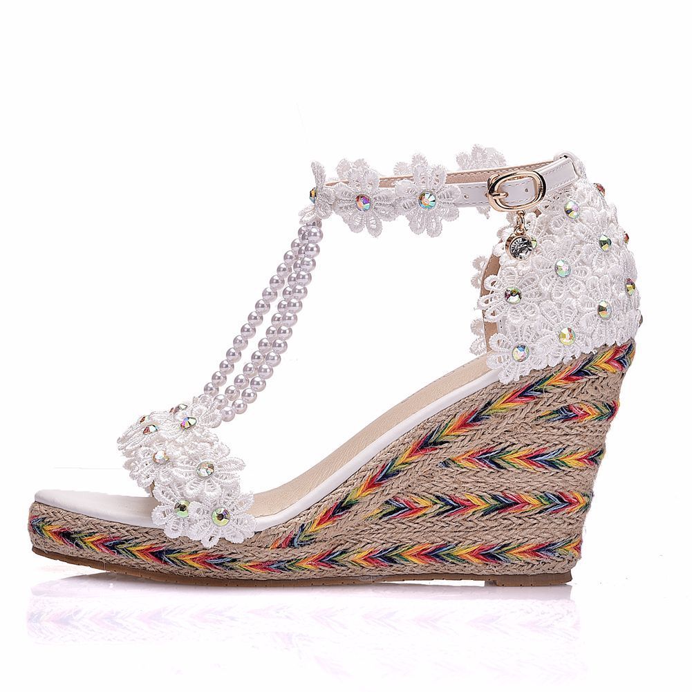 Rainbow Lace Beaded Low Heel Sandals White & Rainbow Colors Sizes 33-42