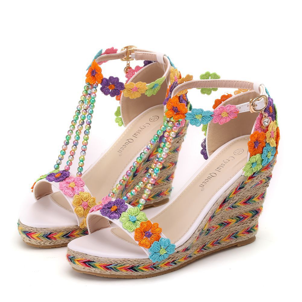 Rainbow Lace Beaded Low Heel Sandals White & Rainbow Colors Sizes 33-42