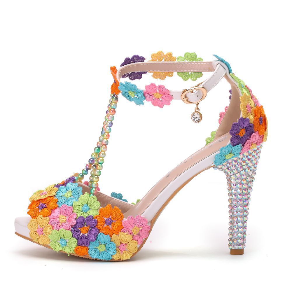 High-Heeled Sandals Stiletto Lace Beaded Shoes