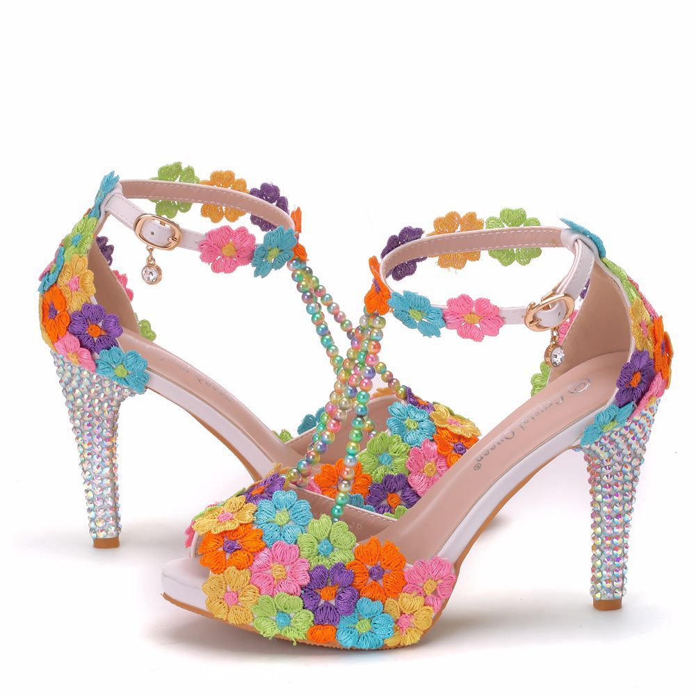 High-Heeled Sandals Stiletto Lace Beaded Shoes