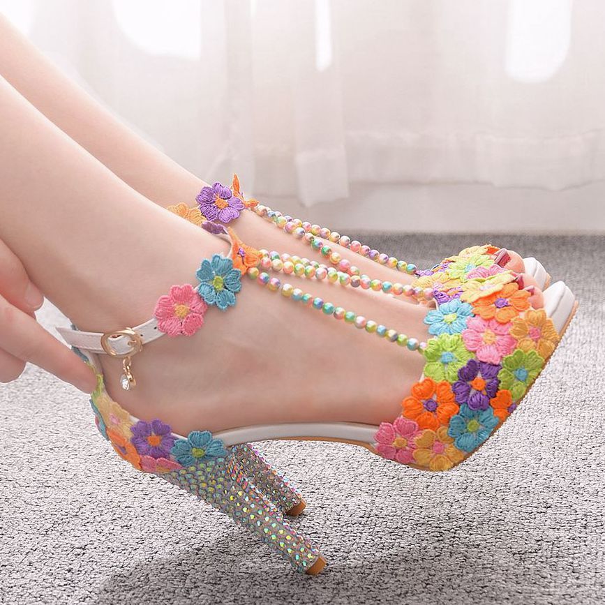 High-Heeled Sandals Stiletto Lace Beaded Shoes