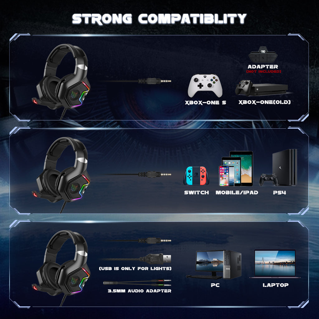 سماعة رأس الألعاب الستيريو ONIKUMA K10 PRO مع ميكروفون وضوء LED لأجهزة PS4 PS5