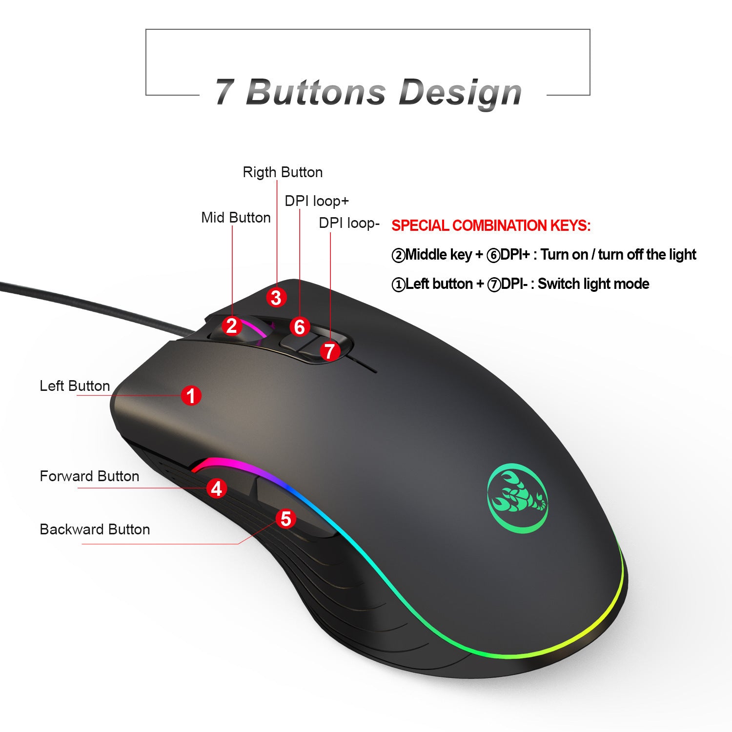 Glowing Wired Gaming Mouse with 7 Keys and 6400 DPI Optical Sensor