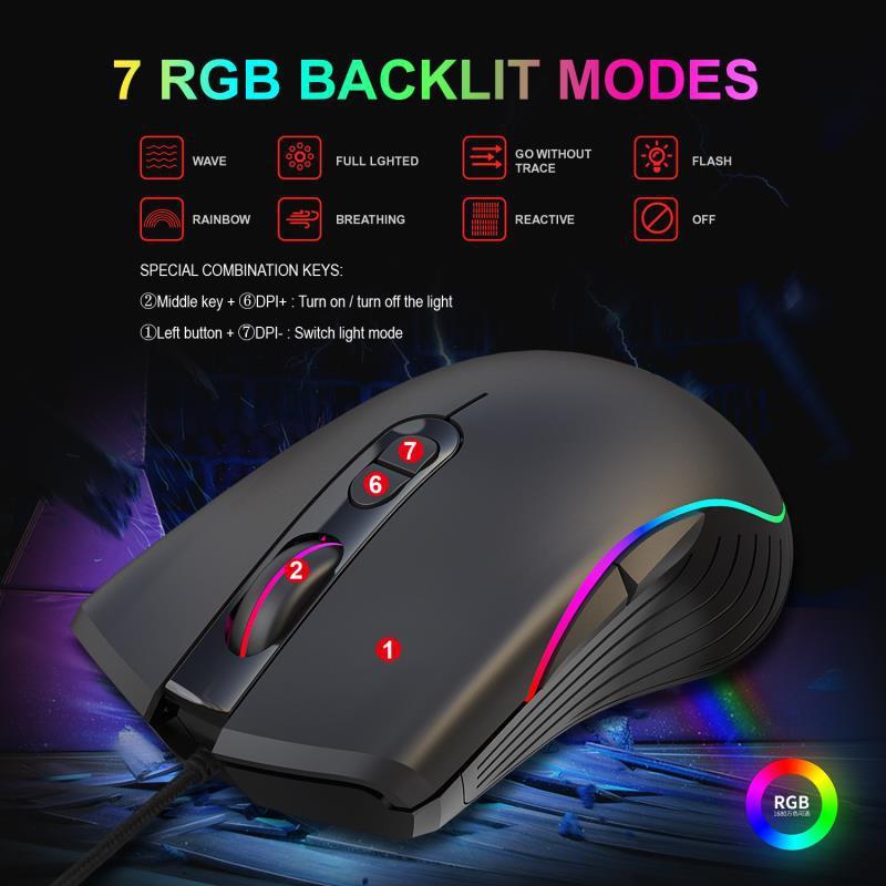 Glowing Wired Gaming Mouse with 7 Keys and 6400 DPI Optical Sensor