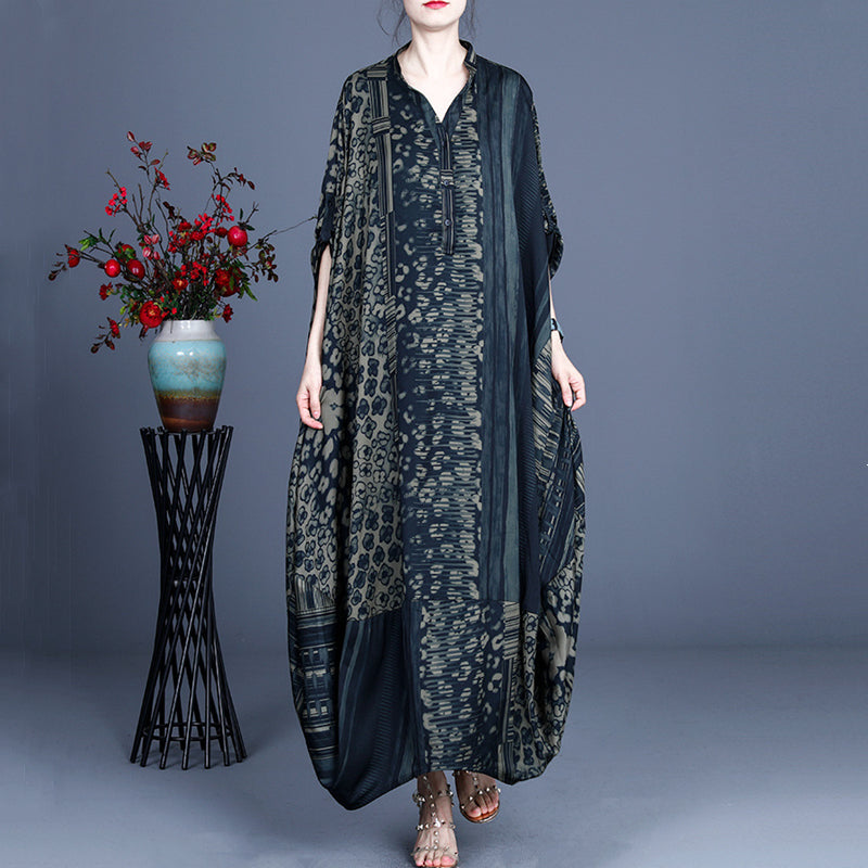 Women's Retro Printing Large Size Loose Long Irregular Dress Silk Large Version Ethnic Stylish colorful Abaya