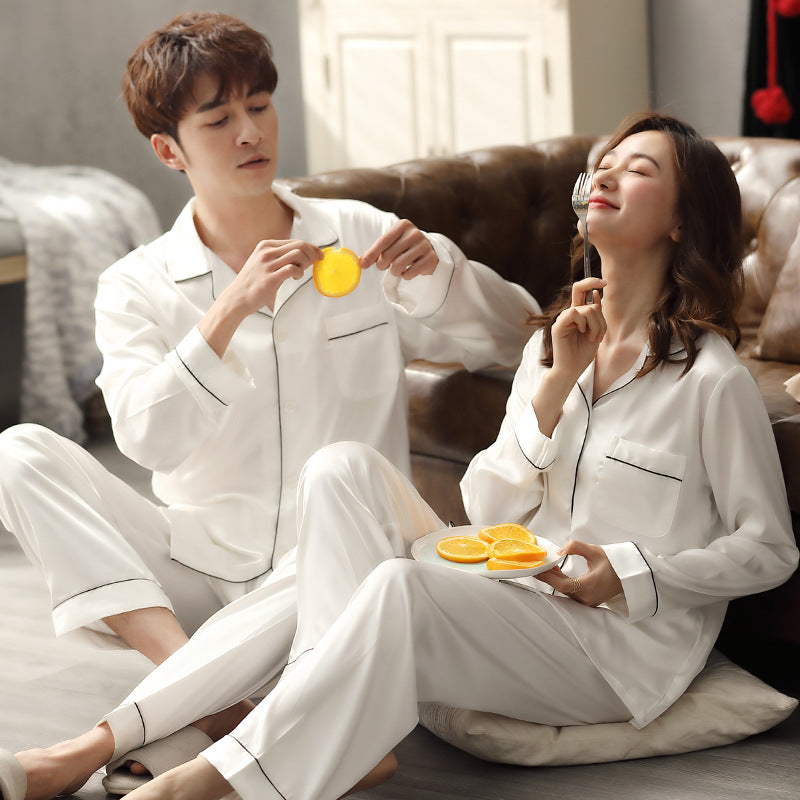 Couple Ice Silk Long-Sleeve Pajama Set Spring Autumn Thin White