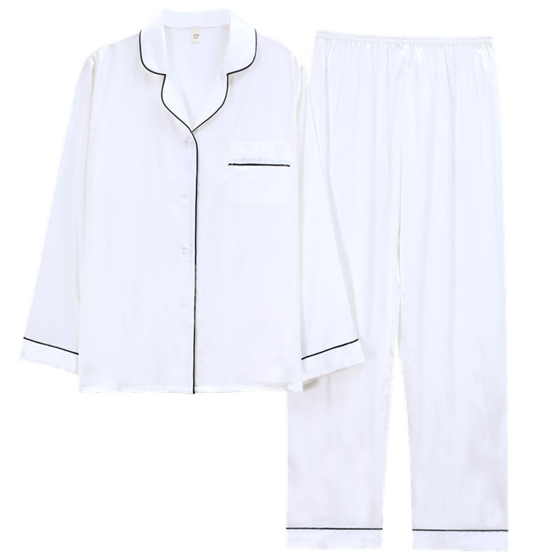 Couple Ice Silk Long-Sleeve Pajama Set Spring Autumn Thin White