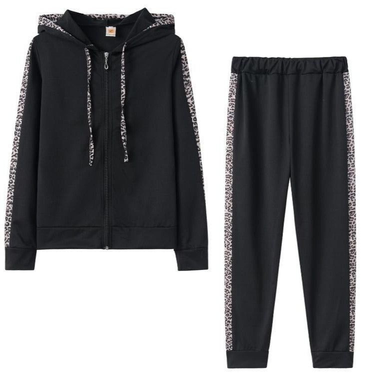 Leopard Print Plus Velvet Zipper Hoodie & Trousers Set for Women Autumn Winter
