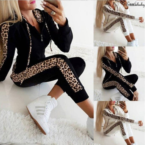 Ensemble sweat à capuche zippé et pantalon en velours imprimé léopard pour femme automne-hiver