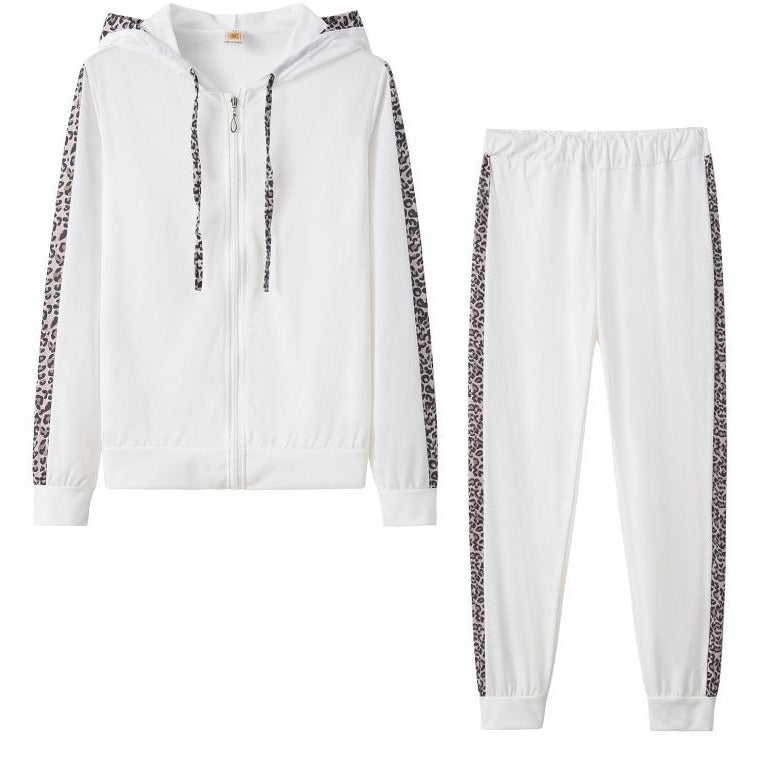 Leopard Print Plus Velvet Zipper Hoodie & Trousers Set for Women Autumn Winter