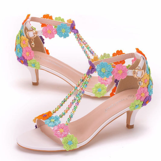 5 Cm Seven-color Lace Beaded Sandals Mid-heel Women's Shoes