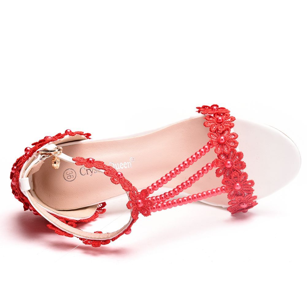 5 Cm Seven-color Lace Beaded Sandals Mid-heel Women's Shoes