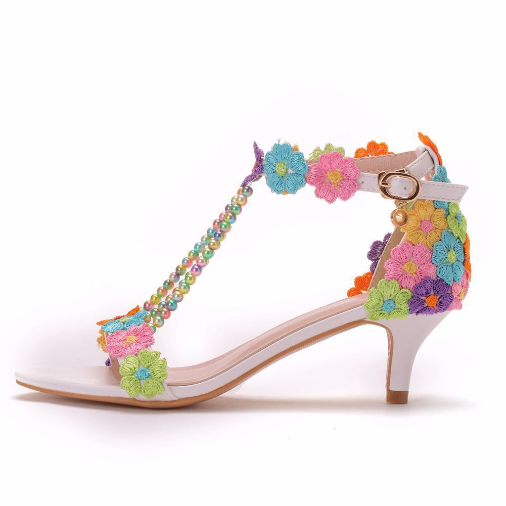 5 Cm Seven-color Lace Beaded Sandals Mid-heel Women's Shoes