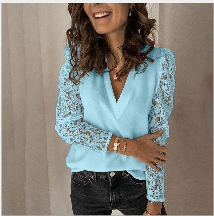 Lace Stitching Long-Sleeve Slim-Fit Blouse for Women