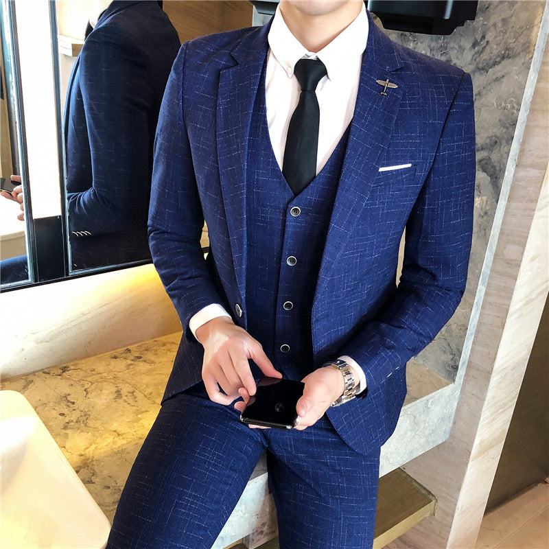 Men's Slim Fit Three-Piece Suit in Blue, Black & Gray