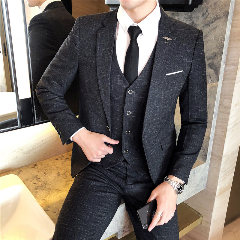 Men's Slim Fit Three-Piece Suit in Blue, Black & Gray