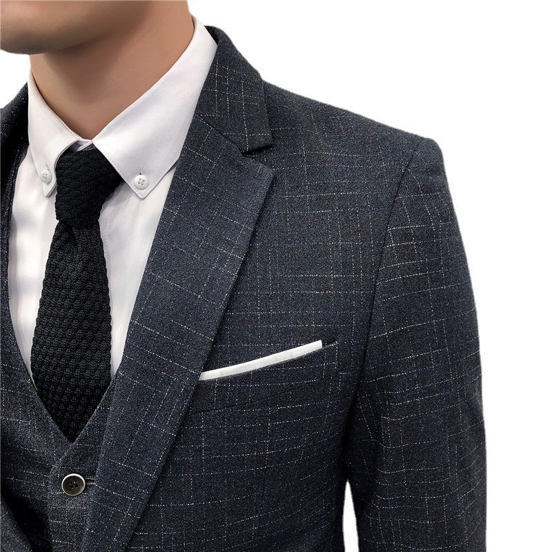 Men's Slim Fit Three-Piece Suit in Blue, Black & Gray