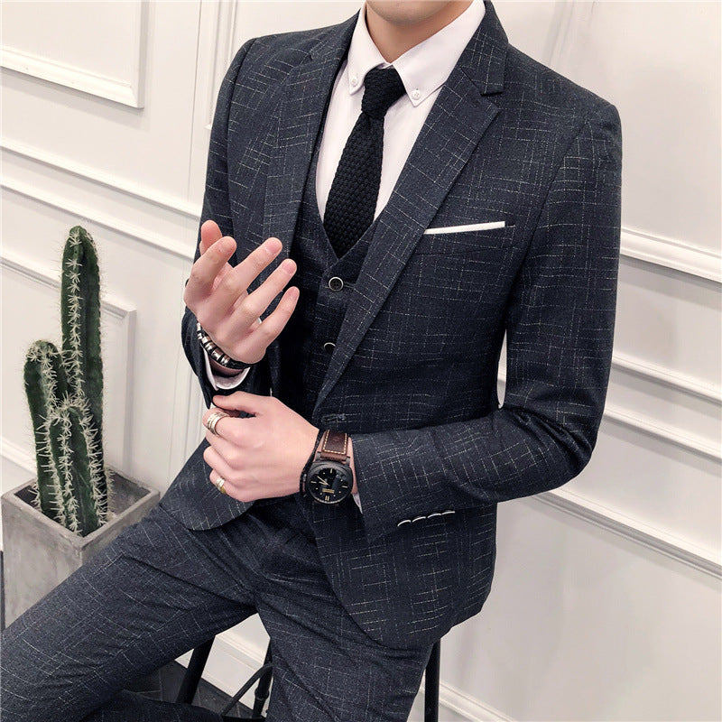 Men's Slim Fit Three-Piece Suit in Blue, Black & Gray