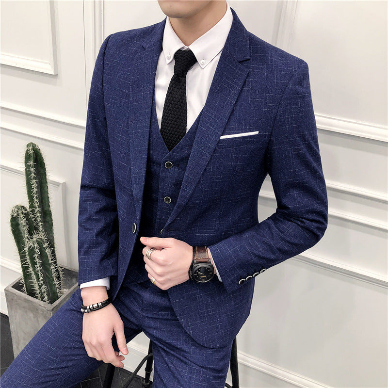Men's Slim Fit Three-Piece Suit in Blue, Black & Gray