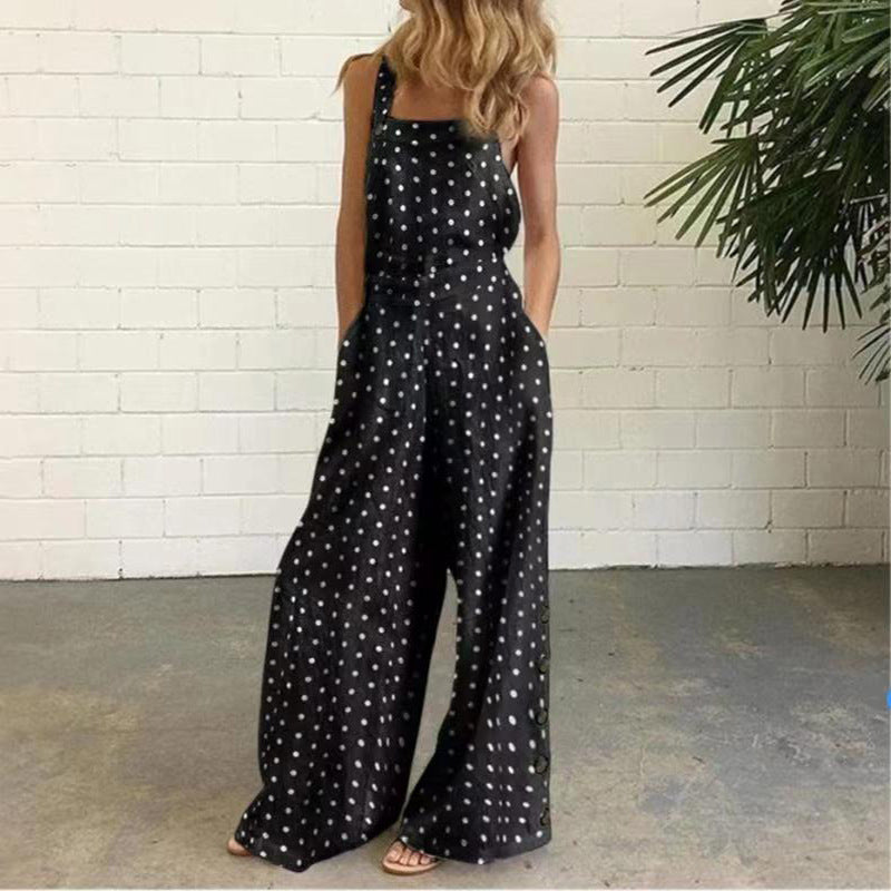 Cotton Linen Printed Button Trim Suspenders Jumpsuit