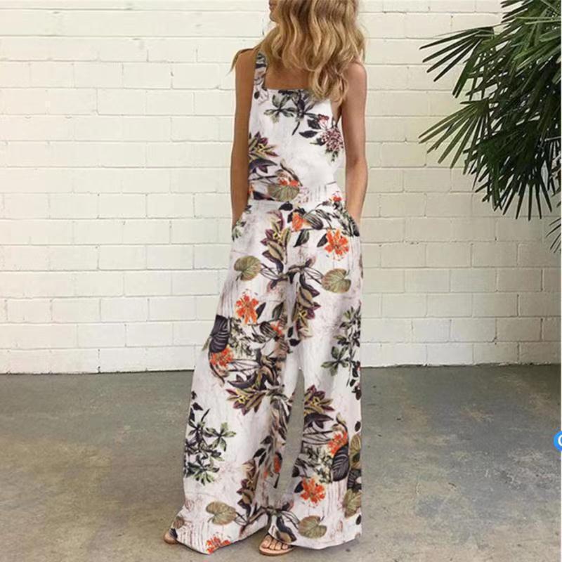 Cotton Linen Printed Button Trim Suspenders Jumpsuit