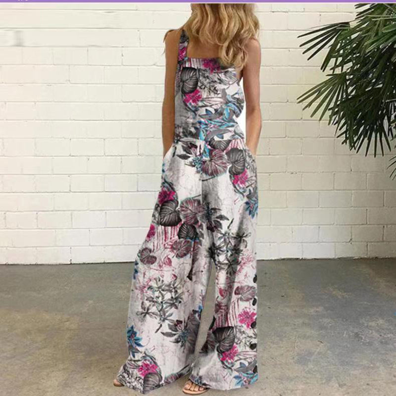 Cotton Linen Printed Button Trim Suspenders Jumpsuit